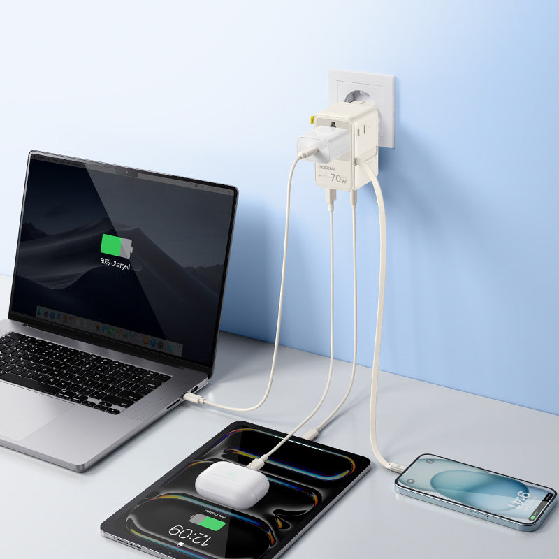 Baseus EnerCore CG11 70W 6-in-1 Travel Adapter with Retractable USB-C Cable - White