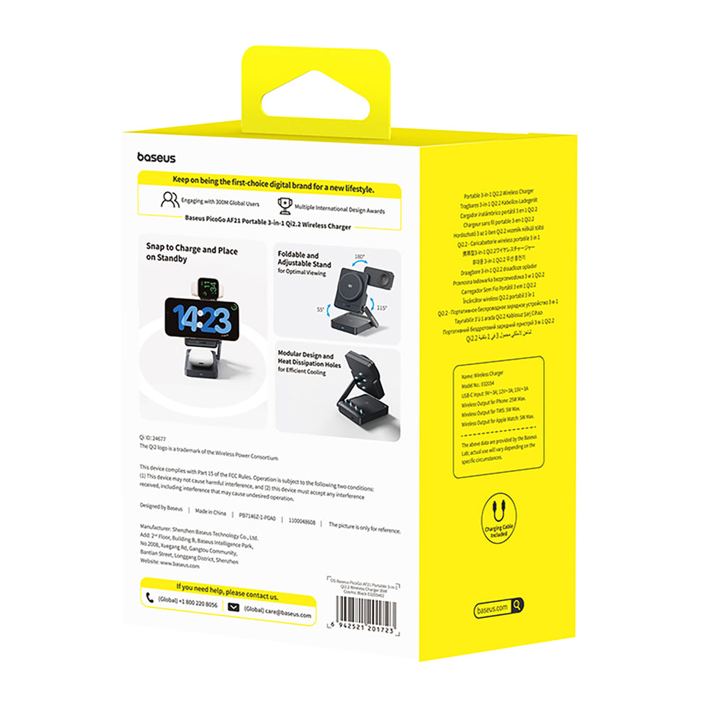 Baseus PicoGo AF21 3in1 Qi2.2 35W Wireless Charger with 45W EU Power Adapter and 1m USB-C Cable - Black
