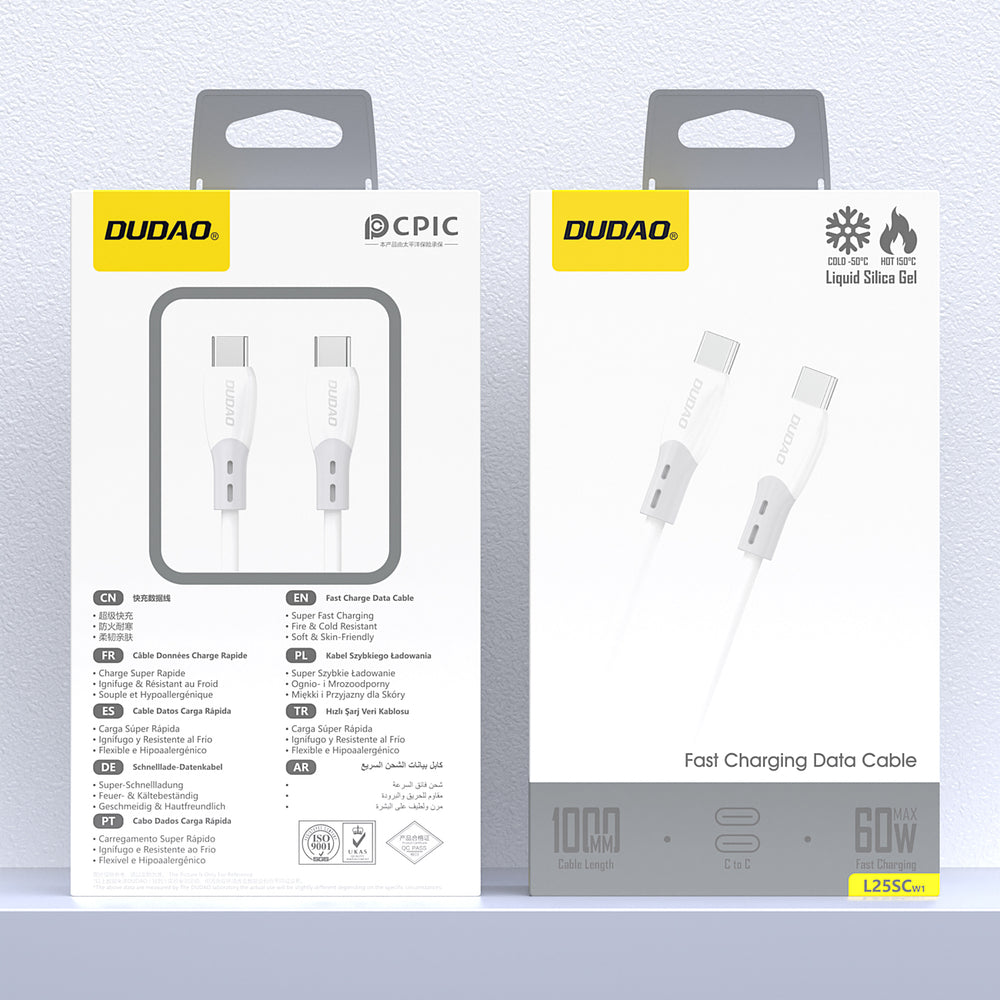 Dudao L25SC 60W USB-C - USB-C-kabel med blød silikone fløj 1m - hvid