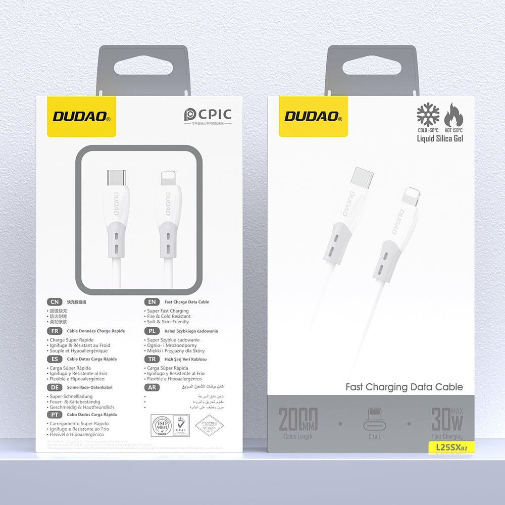 Dudao L25SX 30W USB-C - Lightning Cable med Soft Silicone Braid 2m - Hvid