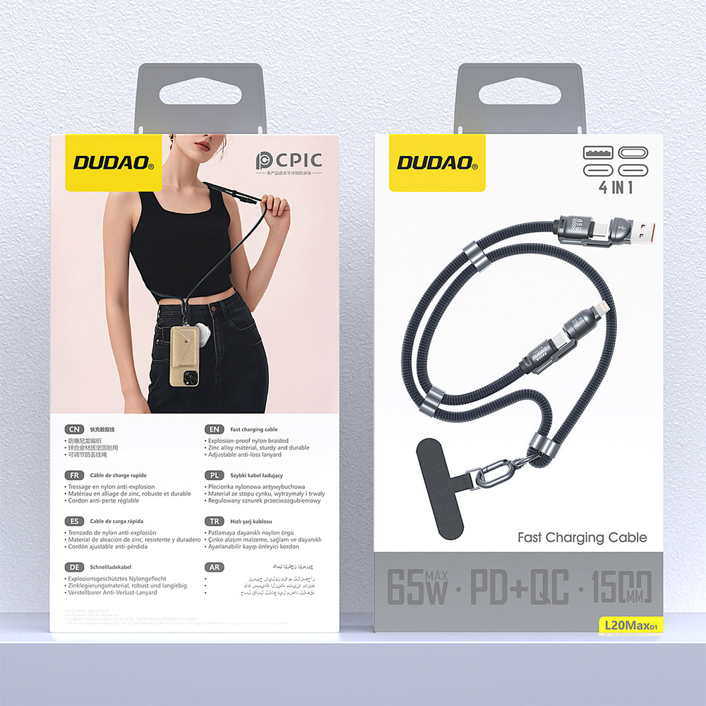 Dudao L20Max 65W 4-i-1-kabel med Lanyard USB-C til USB-C med Lightning og USB-A-adaptere - Blå