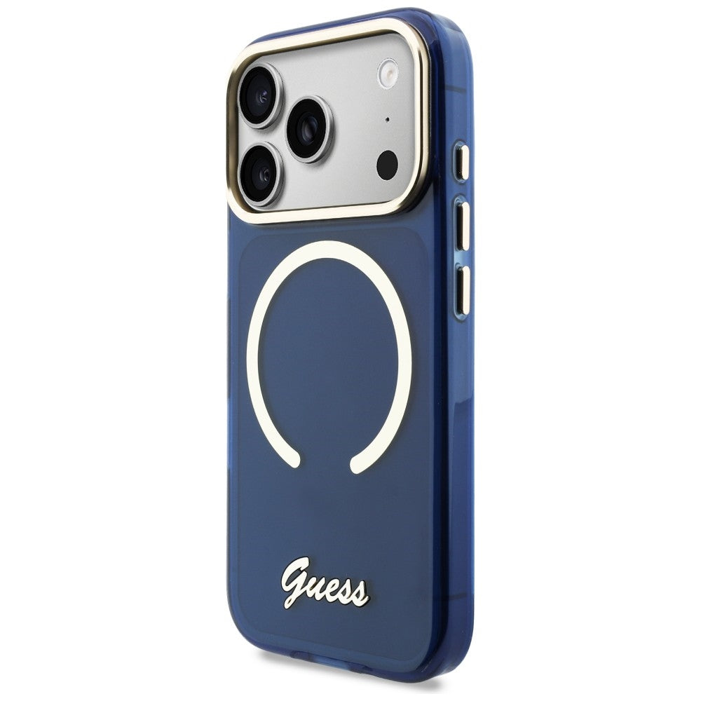 Guess IML Script Metal MagSafe Case til iPhone 17 Pro Max - Blå