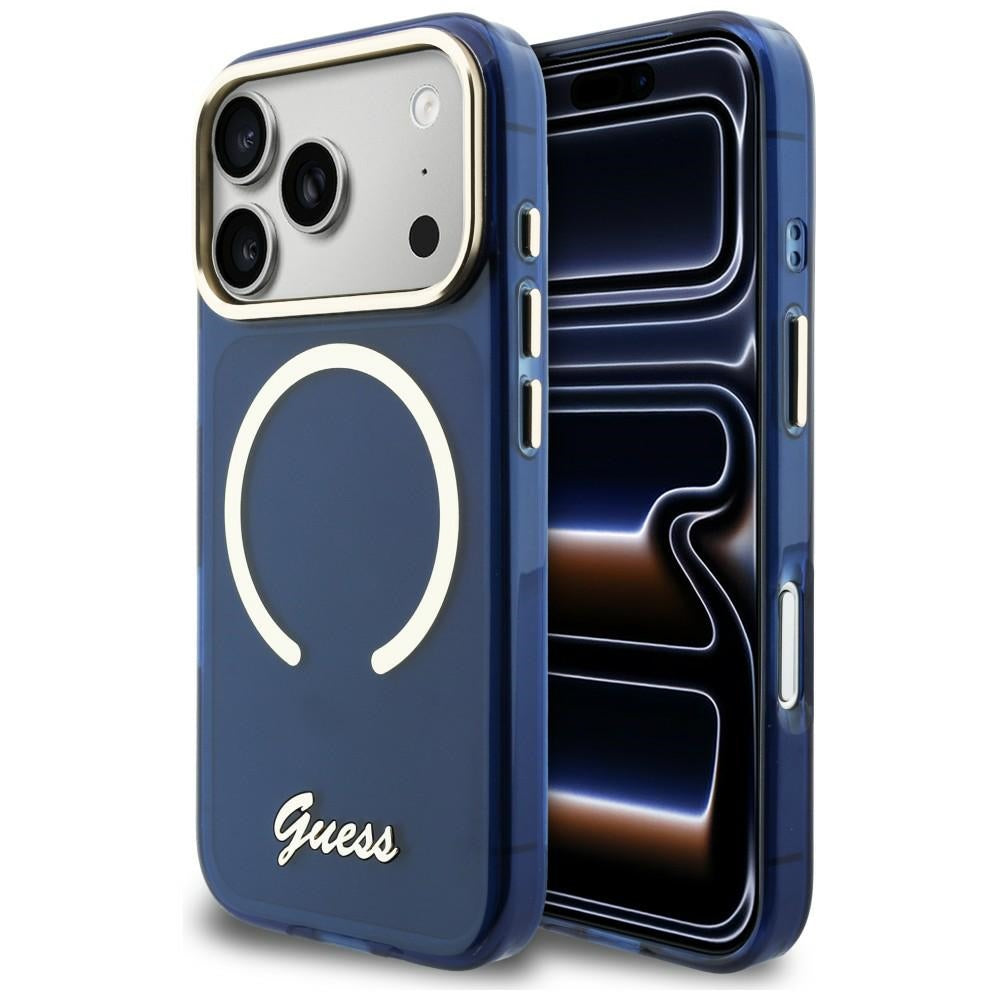Guess IML Script Metal MagSafe Case til iPhone 17 Pro - Blå