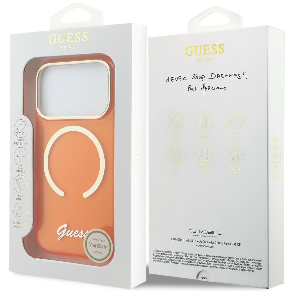 Guess IML Script Metal MagSafe Case til iPhone 17 Pro - Orange