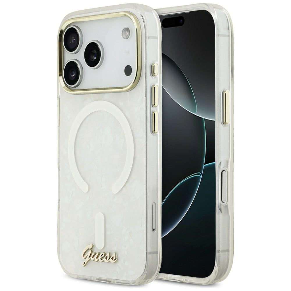 Guess IML Shell Script Metal MagSafe Case til iPhone 17 Pro Max - hvid