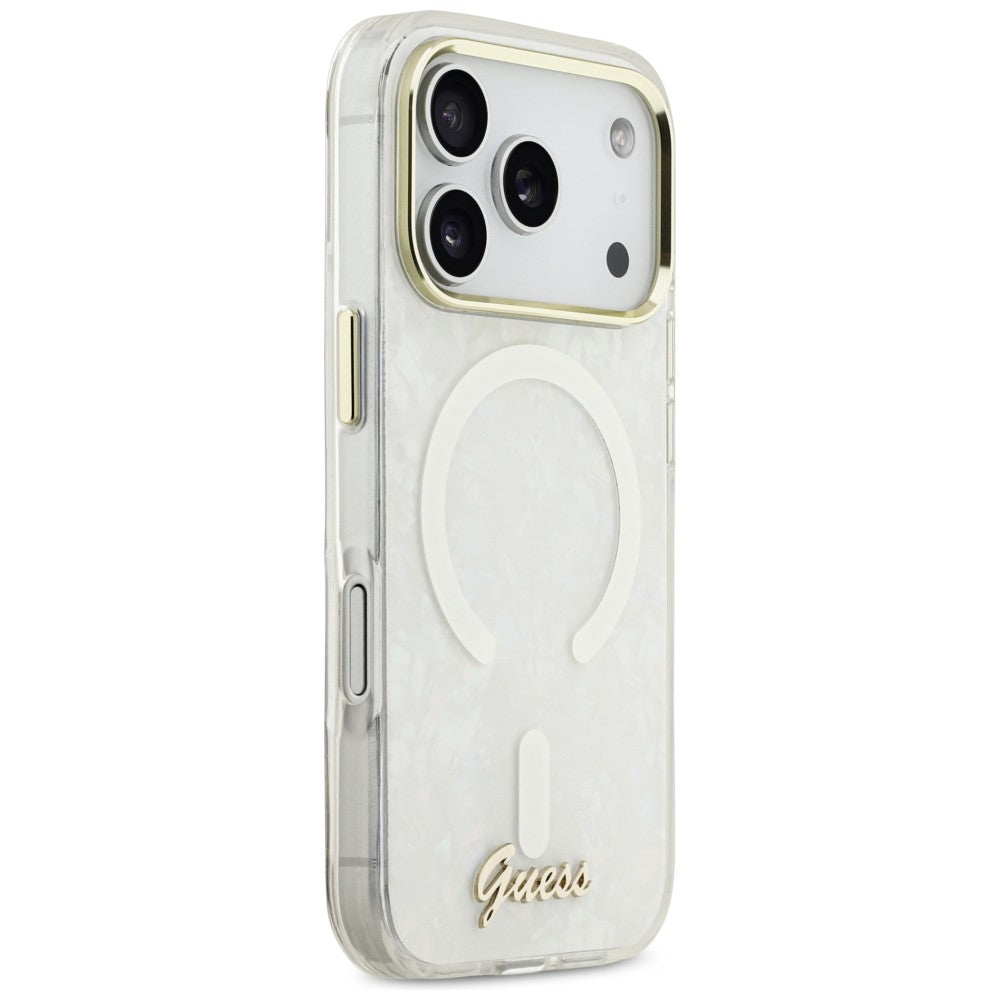 Guess IML Shell Script Metal MagSafe Case til iPhone 17 Pro Max - hvid