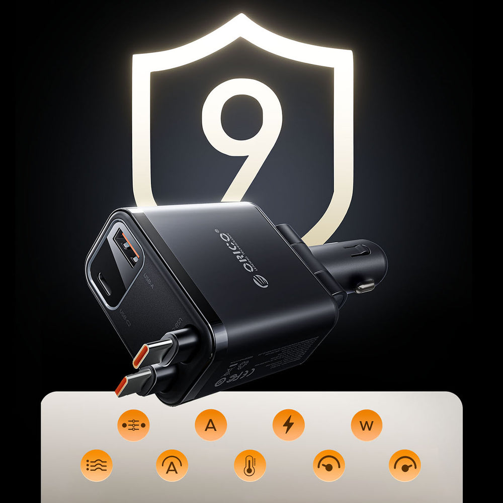 Orico Twin Reach 45W USB-A + USB-C Car Charger with Two Retractable USB-C Cables - Black