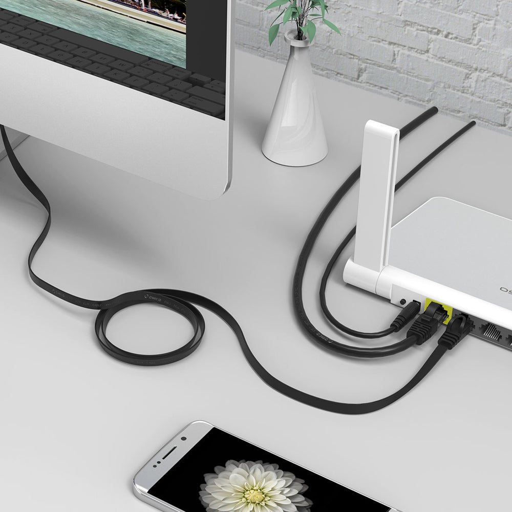 Orico PUG-C6B CAT6 1000Mbps RJ45 Ethernet Network Cable, Flat LAN, 8m - Black