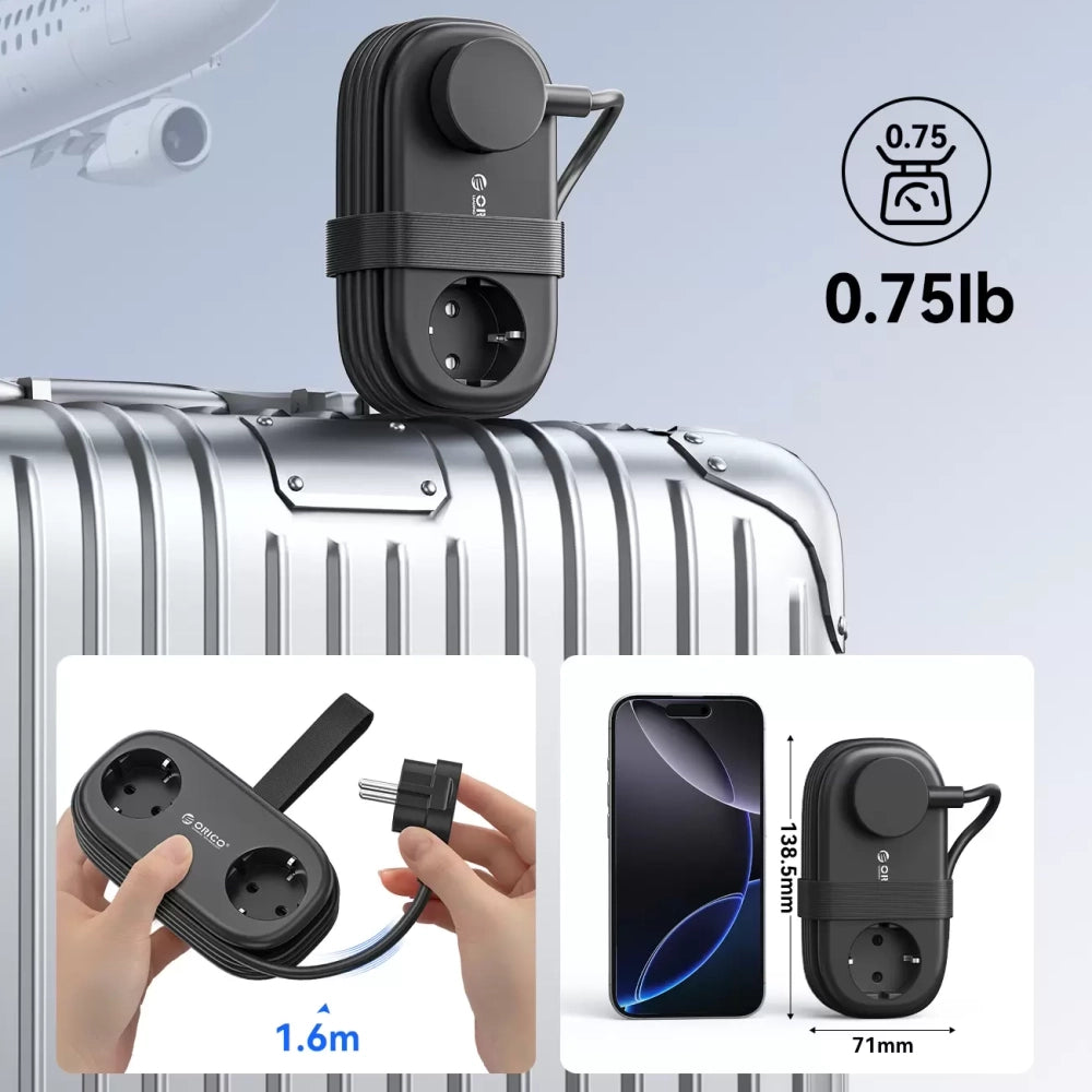 Orico AP3 20W GaN 5in1 Power Strip 2x AC + 2x USB-A + 1x USB-C - Black