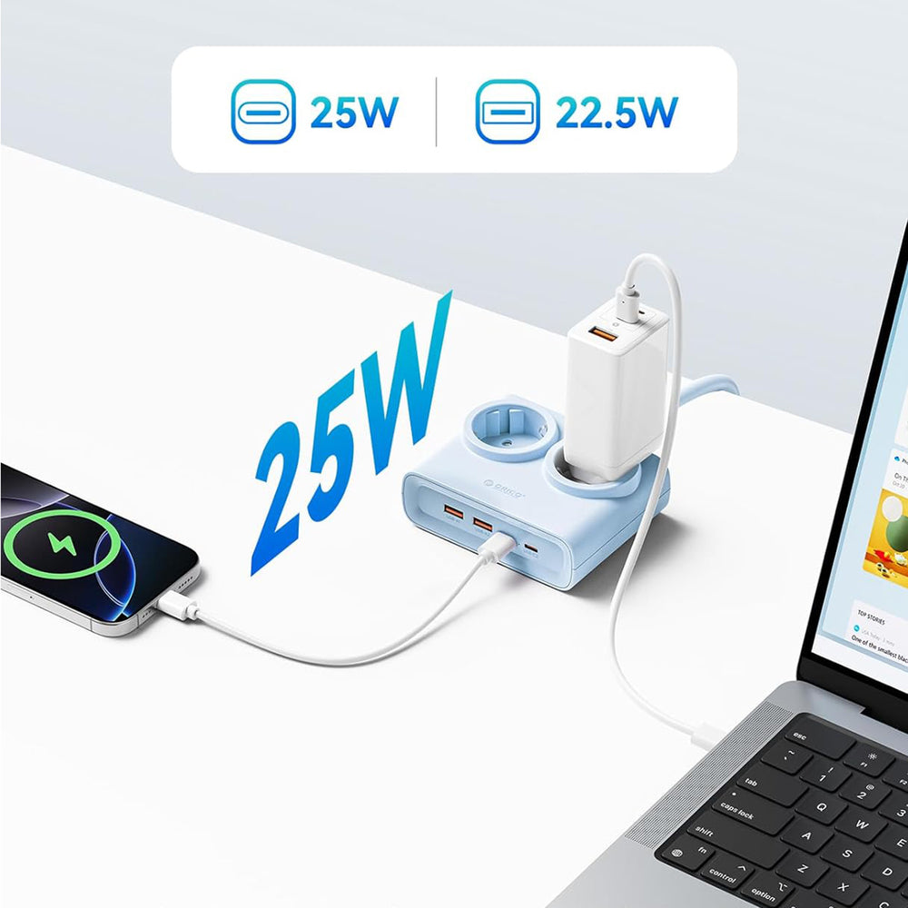 Orico PDC25 25W 6in1 Power Strip 2x AC + 2x USB-A + 2x USB-C - Blue
