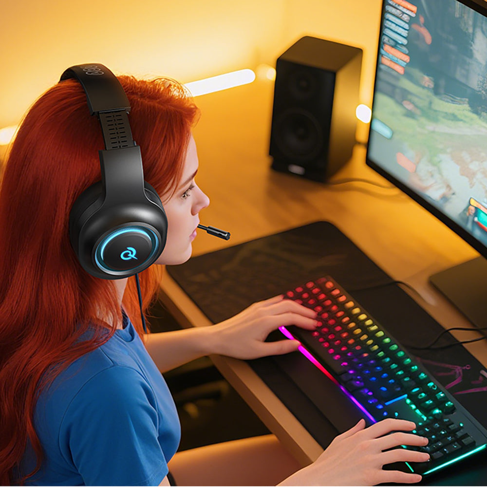 QCY V200 Pro Wired Gaming Headphones with 7.1 Sound and Detachable Microphone - Black