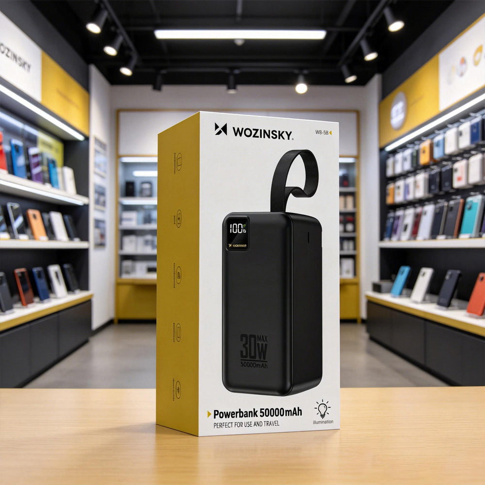 Powerbank Wozinsky W8-B 50000mAh 30W 2xUSB-A og 2xUSB-C og USB micro med lommelygte - sort