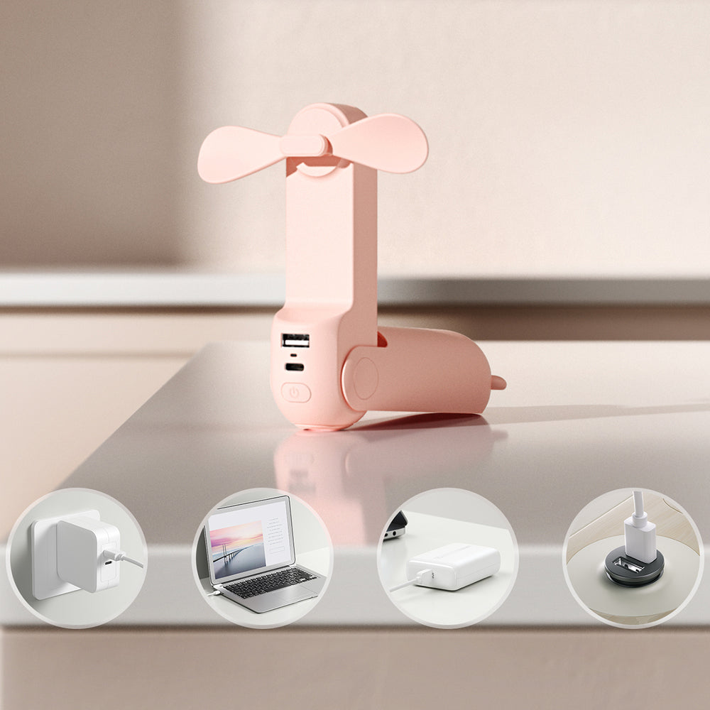 Jisulife håndholdt ventilator Life8 bærbar USB-ventilator med Power Bank-funktion 2000mAh og lommelygte - Pink