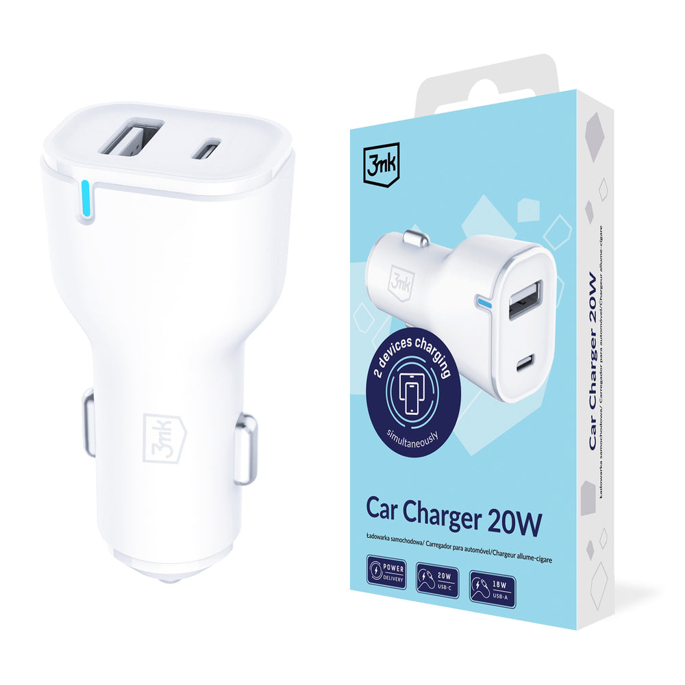 3mk Biloplader 20W PD3.0 QC 3.0 USB 1A1C - Hvid