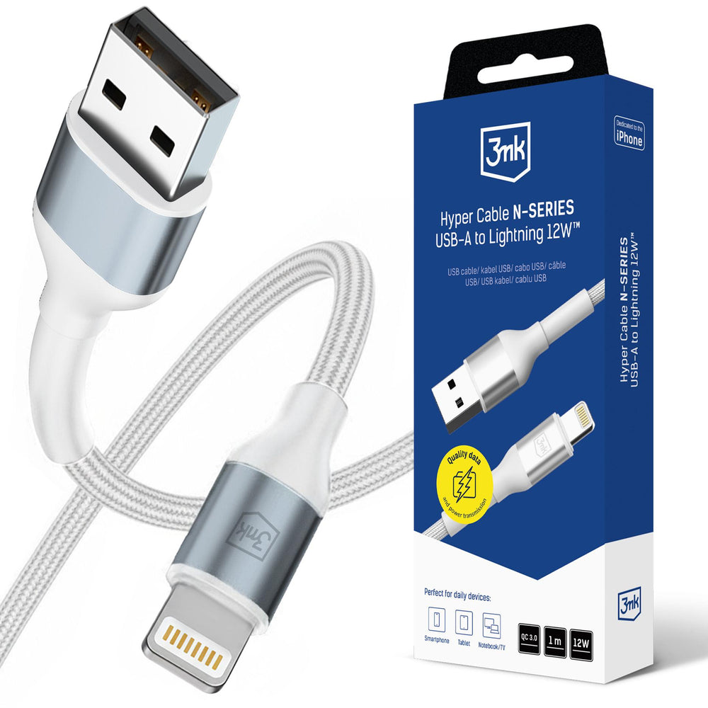 3mk Hyper Cable N-SERIES USB-A / Lightning 1m QC 3.0 5V/2.4A 12W - hvid