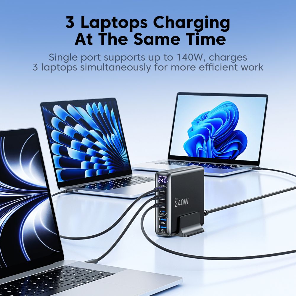 Tech-Protect DC240W-GaN opladningsstation 6 porte 4 x USB-C 2 x USB-A 240W QC3.0 - sort