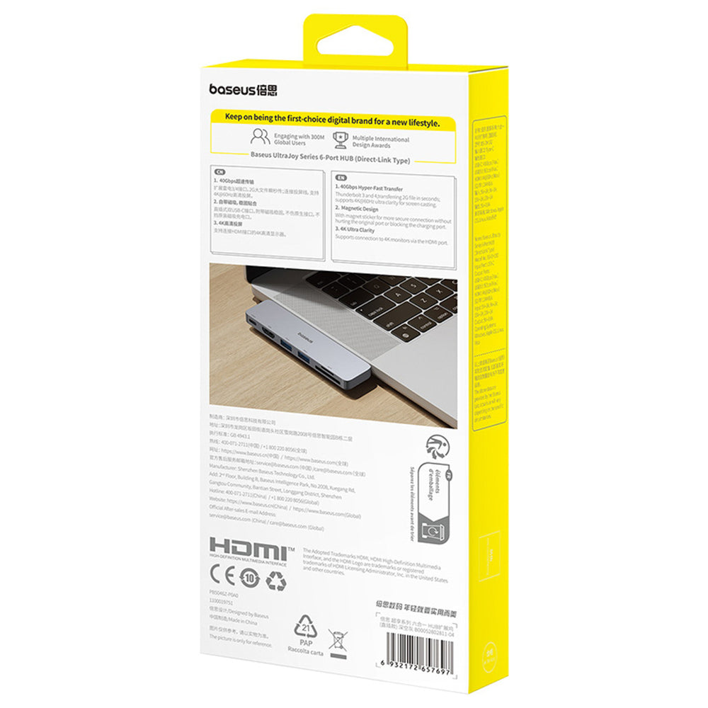 Baseus UltraJoy Series 6-in-1 USB-C 40 Gb/s USB 3.0 HDMI 4K USB Hub with SD and microSD Reader - Gray