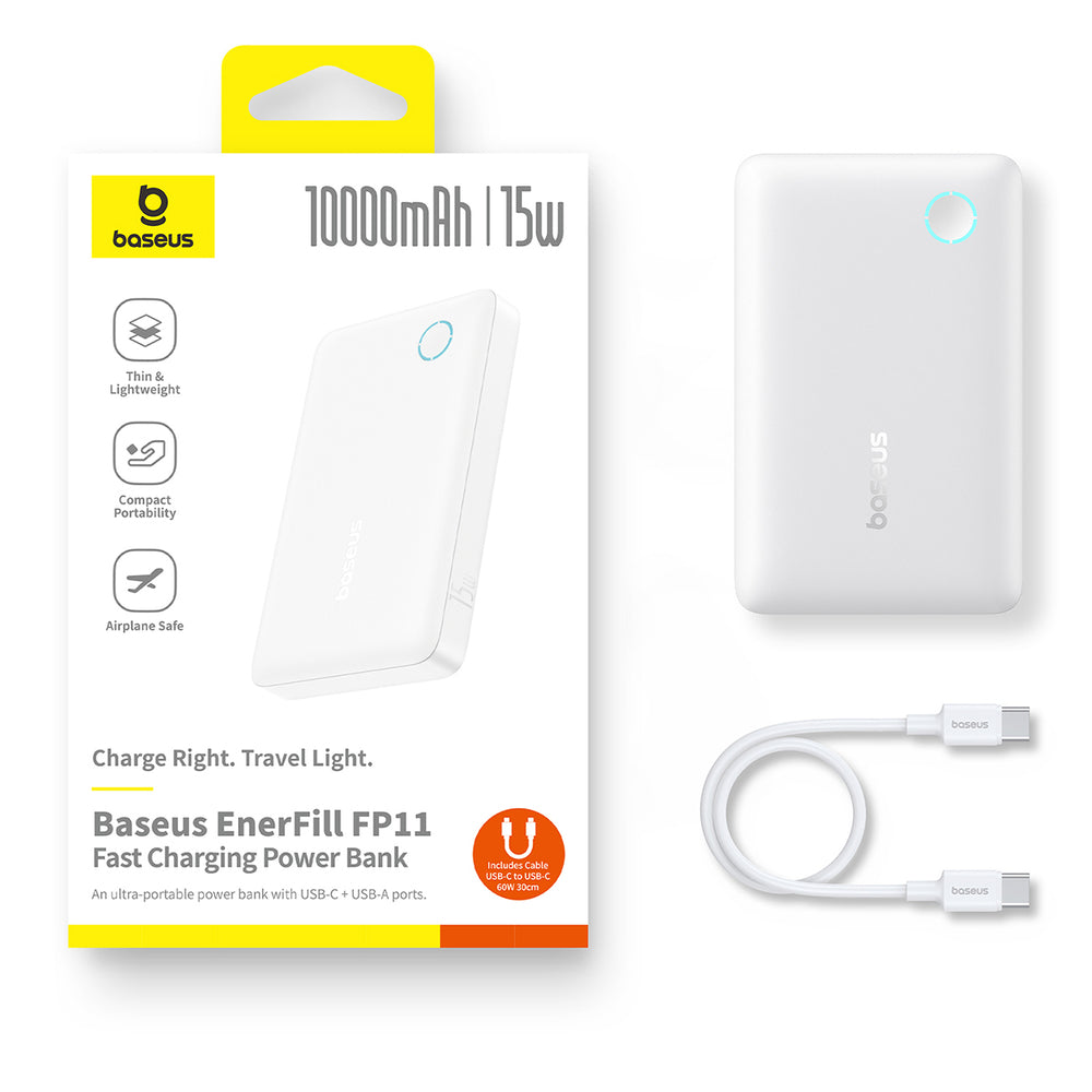 Baseus EnerFill FP11 10000mAh 15W Power Bank with White USB-C Cable 20V/3A 30cm - White