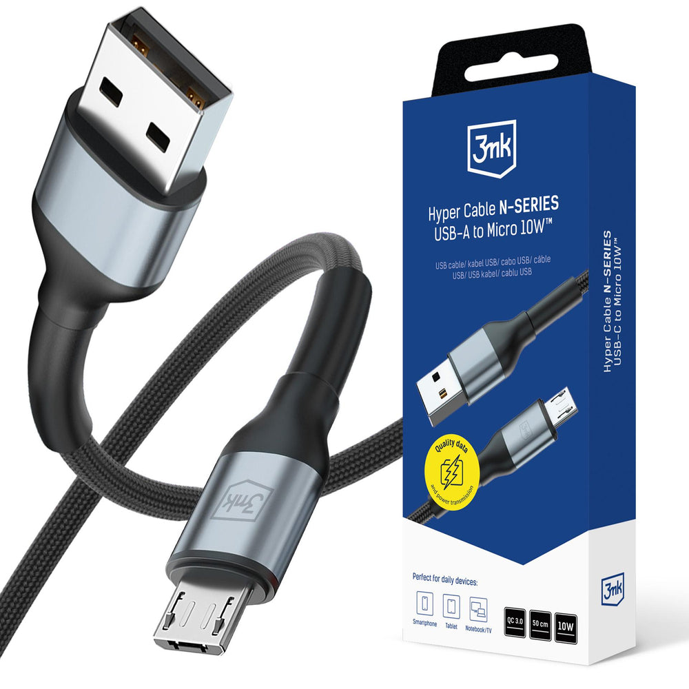 3mk Hyper Cable N-SERIES USB-A / MicroUSB 50cm QC 3.0 5V / 2A 10W - sort