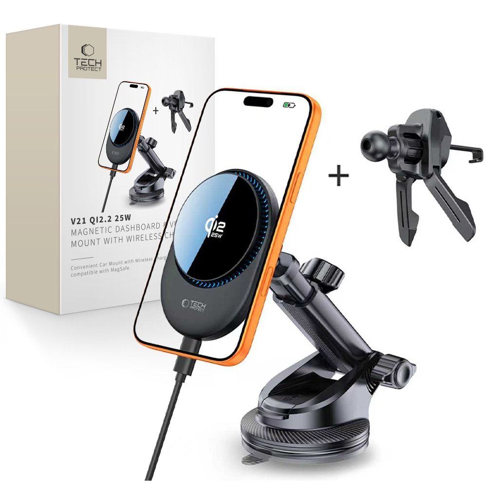 Tech-Protect V21 MagSafe Car Holder med 25W QI2.2 Induktiv oplader til cockpit/vindruder/luftventil - sort