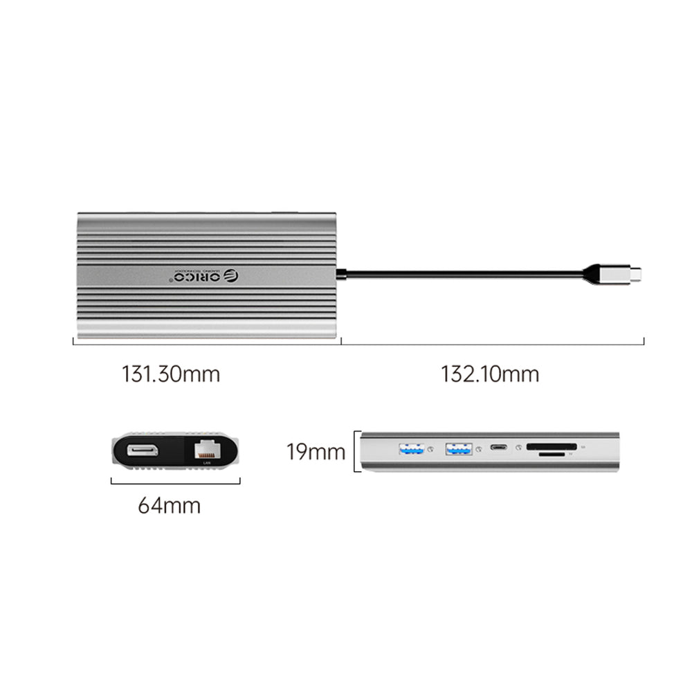 Orico XDR 12in1 USB-C Docking Station USB-A USB-C 2x HDMI 4K 60Hz DisplayPort 4K 60Hz RJ45 Gigabit PD 100W SD and microSD Card Reader - Silver