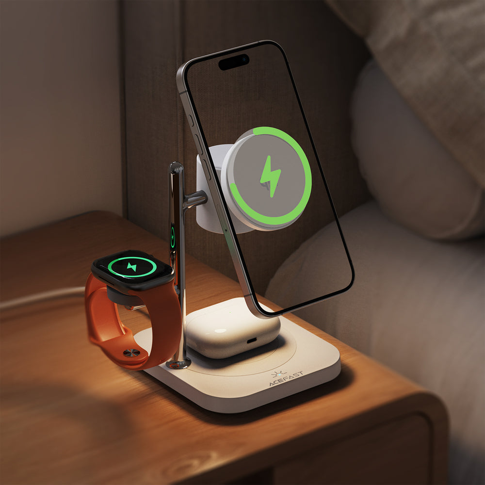 Acefast E39 Qi2.2 25W 4-in-1 Wireless Desk Charger for Phone, Watch, and Headphones with Night Light - White