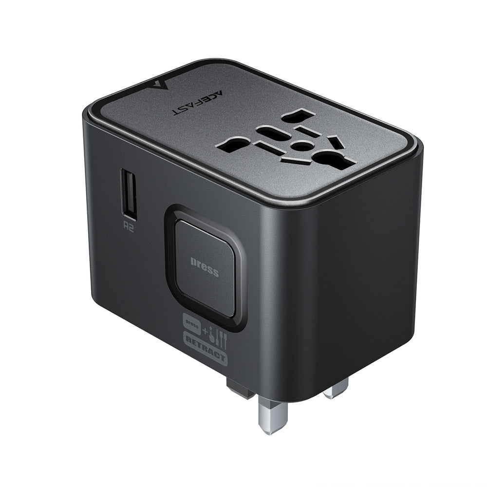 Acefast Z8 GaN 45W Travel Adapter 3x USB-C + 2x USB-A Travel Wall Charger with 2500W AC Socket - Black