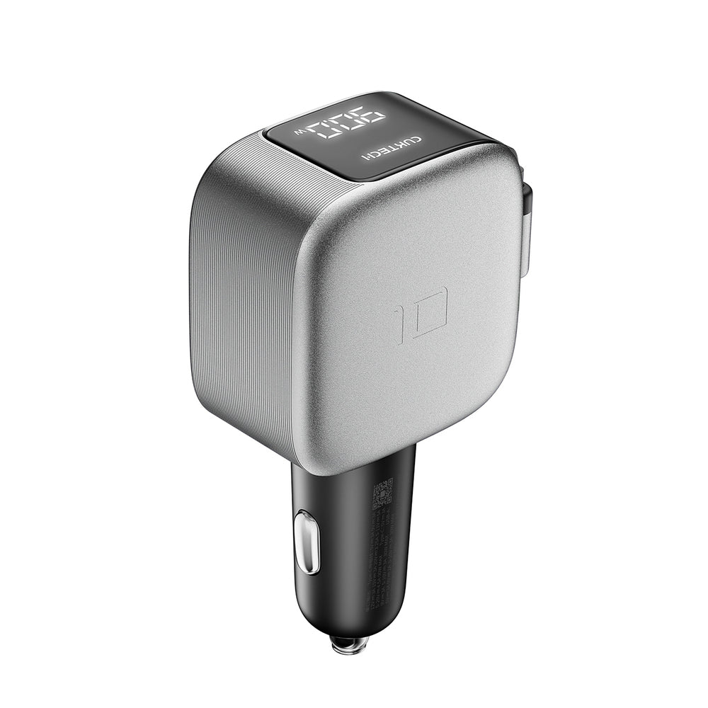 Cuktech CC903P 100W Car Charger with Display and 70cm Retractable USB-C Cable - Gray