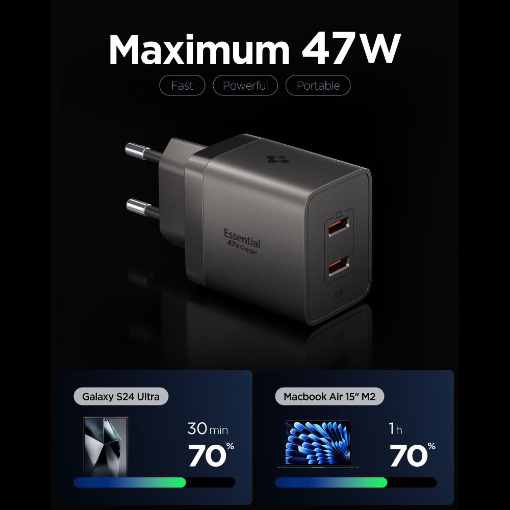 Spigen Essential EE472EU-GAN 2-Port 47W Wall Charger - Dark Gray