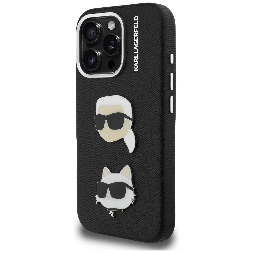 Karl Lagerfeld FW Grained Karl & Choupette Heads Pins Case for iPhone 16 Pro Max - Black