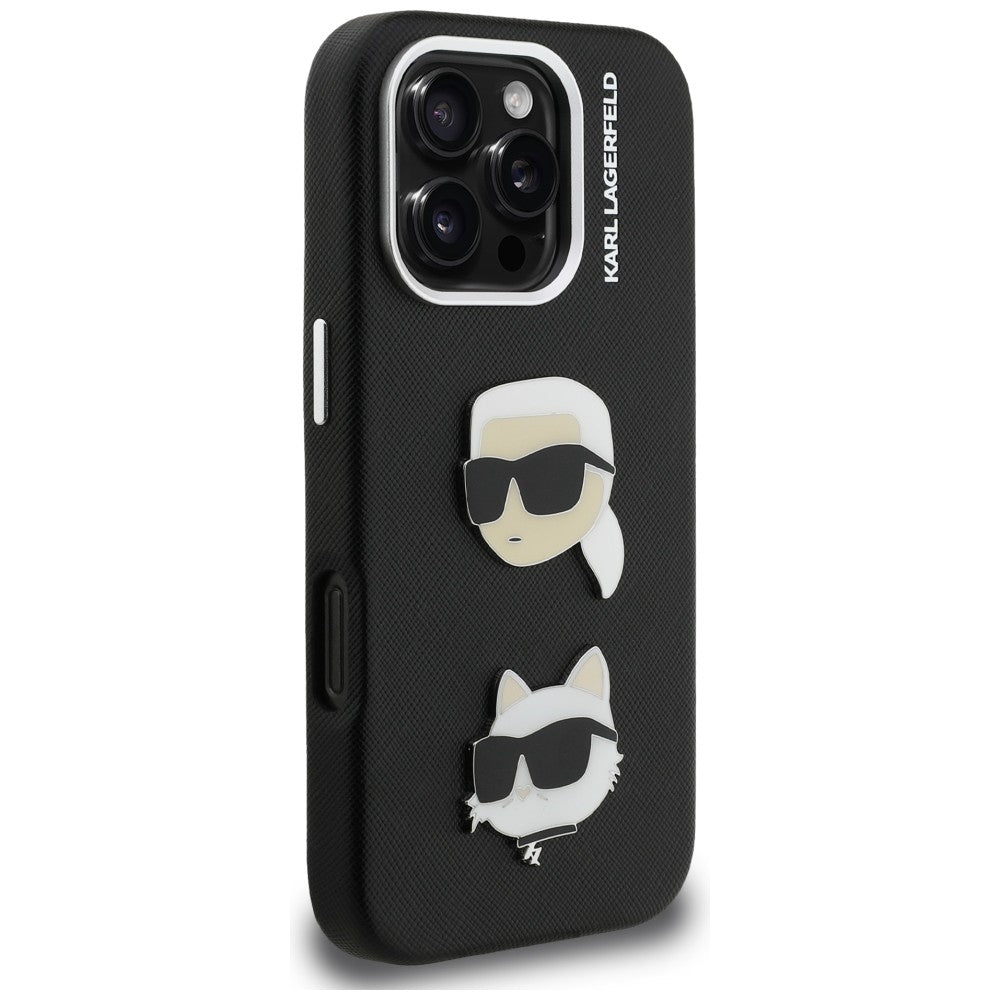 Karl Lagerfeld FW Grained Karl & Choupette Heads Pins Case for iPhone 16 Pro Max - Black