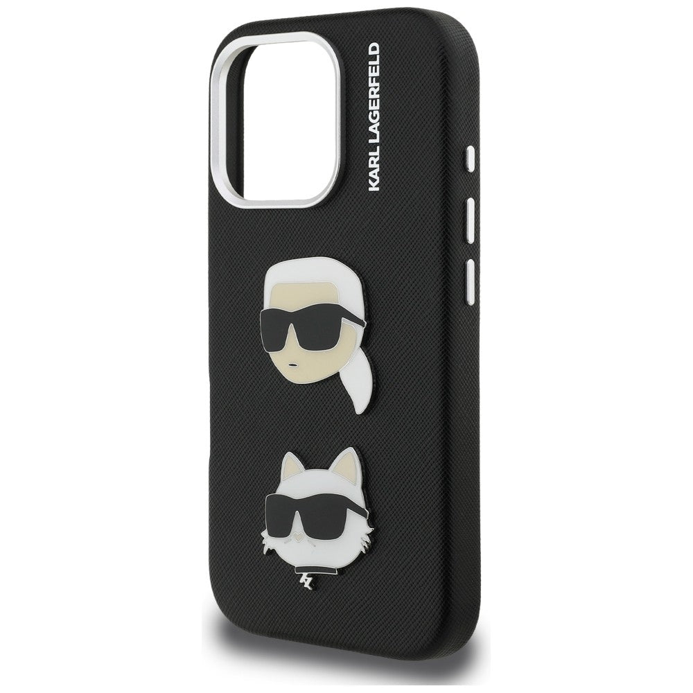 Karl Lagerfeld FW Grained Karl & Choupette Heads Pins Case for iPhone 16 Pro Max - Black