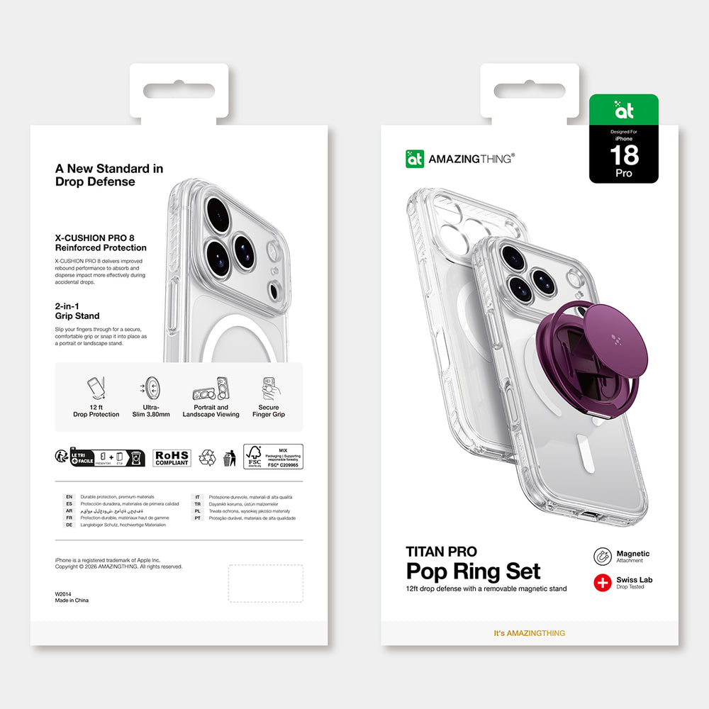 AmazingThing Titan Pro Pop Lens Case til iPhone 18 Pro med kameraomslag, greb og stativ, MagSafe-kompatibel - Clear/Purple