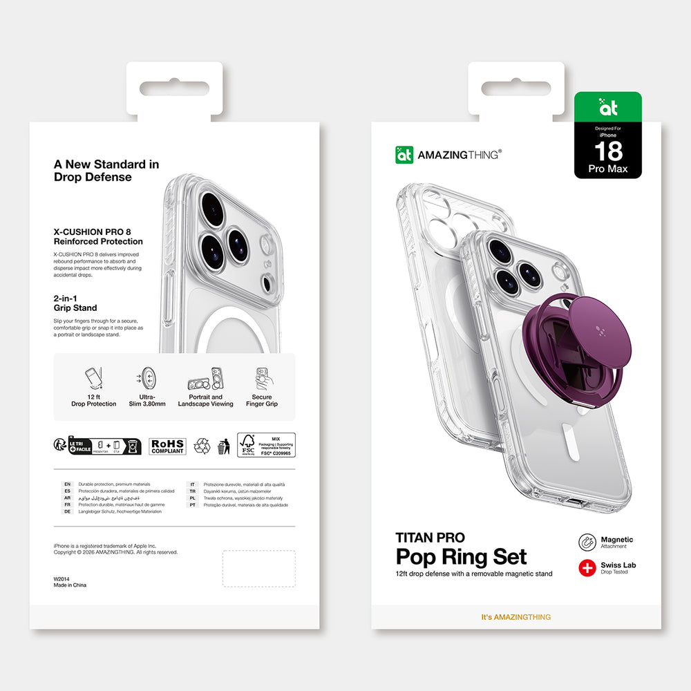 AmazingThing Titan Pro Pop Lens Case til iPhone 18 Pro Max med kameraomslag, greb og stativ, MagSafe kompatibel - Clear/Purple