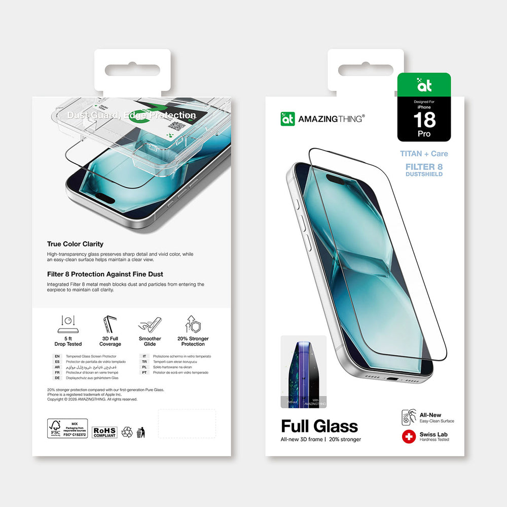 AmazingThing Titan + Care Full Glass hærdet glas til iPhone 18 Pro med monteringsramme