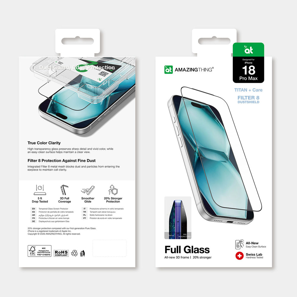 AmazingThing Titan + Care Full Glass hærdet glas til iPhone 18 Pro Max med monteringsramme