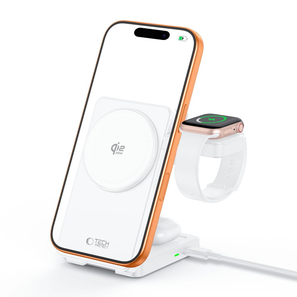 Tech-Protect A56 3in1 MagSafe 25W QI2.2 Wireless Charger + USB-C / USB-C Cable 100cm - White