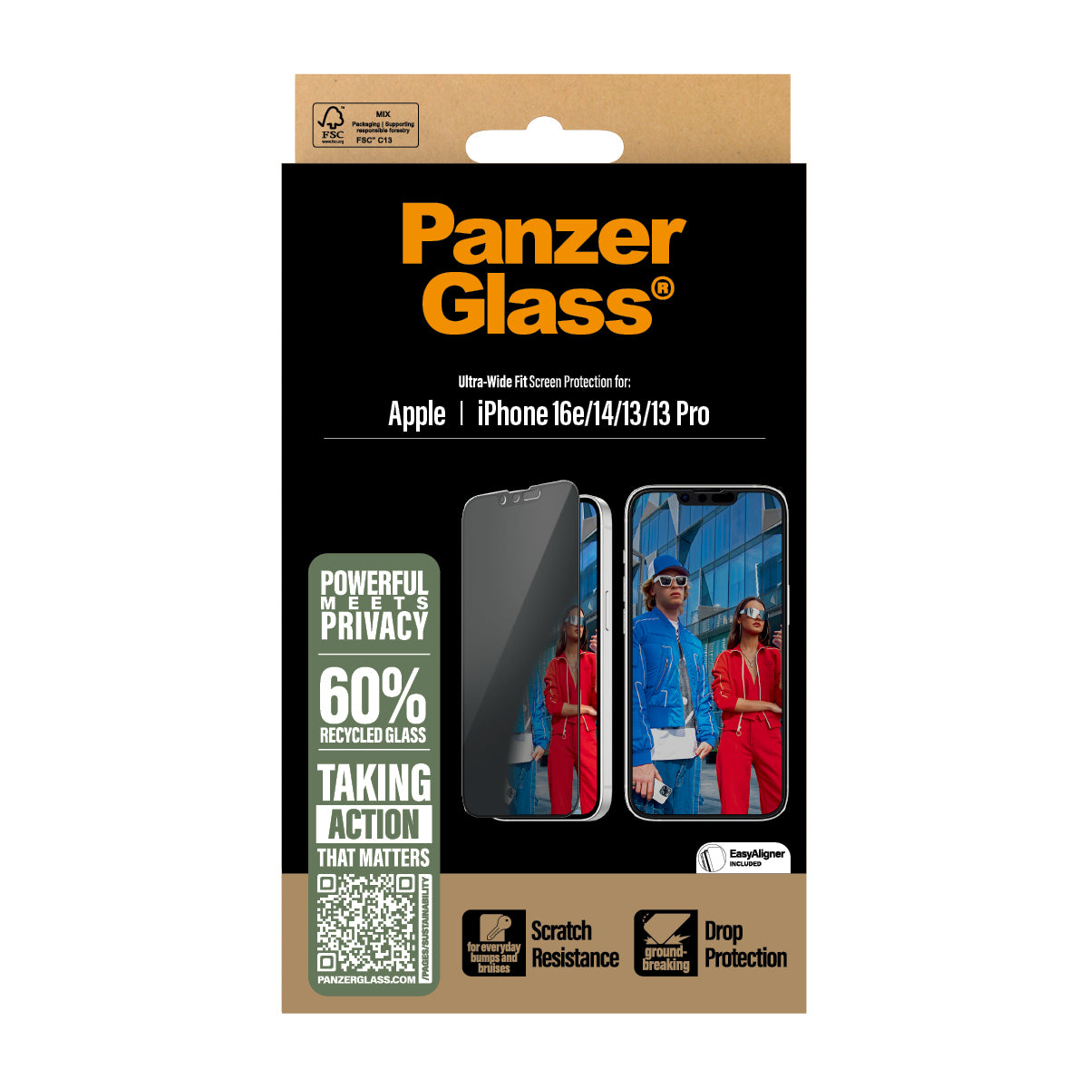 PanzerGlass Privacy Screen Protector iPhone 16e/14/13/13 Pro - Ultra-Wide Fit w. Aligner