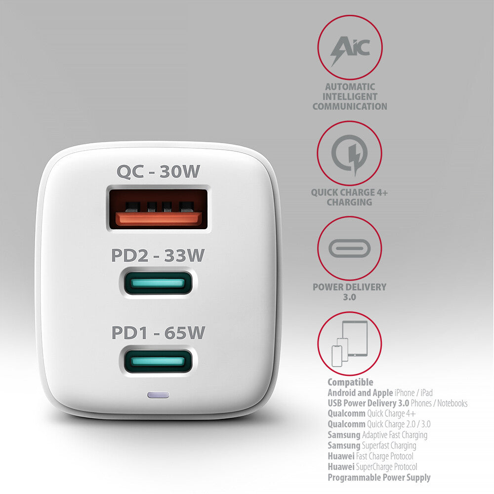 Axagon ACU-DPQ65W oplader til mobil enhed Mobiltelefon, Netbook, Laptop, Smartphone, SmartWatch, Tablet, Universel Hvid Vekselstrøm Hurtig opladning Indendørs