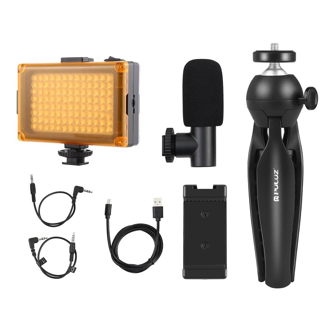 Puluz live optagelsessæt stativ + LED-lys + mikrofon + telefonclip PKT3132B
