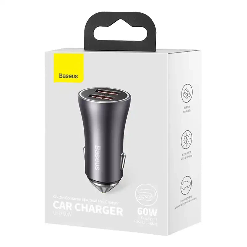 Baseus Golden Contactor Max biloplader, 2x USB, 60W (grå)