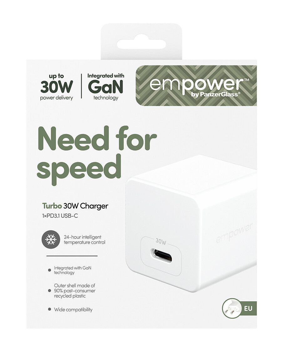 PanzerGlass empower™ by ® Turbo 30W Oplader Single USB-C | UK Stik | Silver White