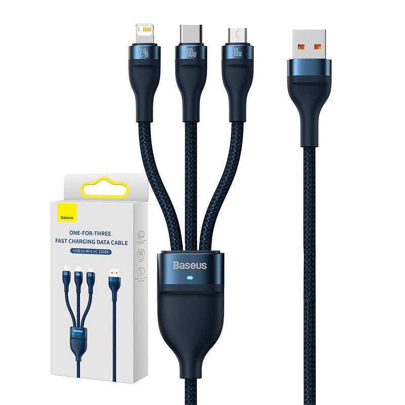 3in1 USB-kabel Baseus Flash-serie, USB-C + micro USB + Lightning, 100W, 1,2 m (blå)