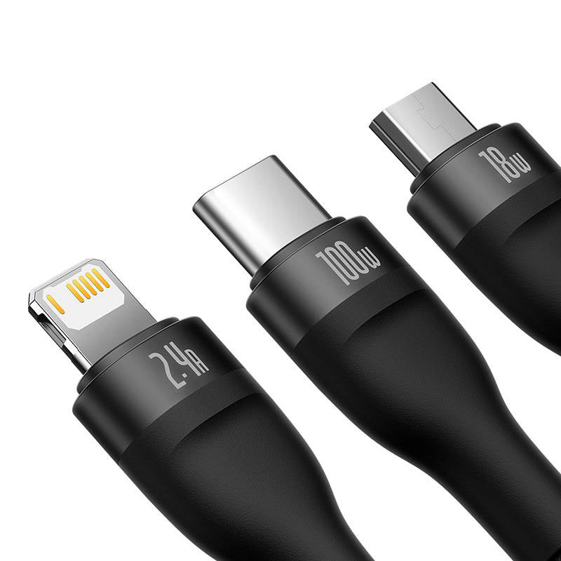 3in1 USB-kabel Baseus Flash-serie, USB-C + micro USB + Lightning, 100W, 1,2m (sort)