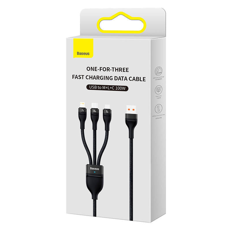 3in1 USB-kabel Baseus Flash-serie, USB-C + micro USB + Lightning, 100W, 1,2m (sort)