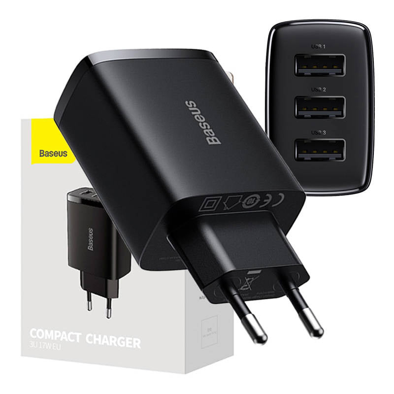 Baseus kompakte hurtigoplader, 3x USB, 17W (sort)