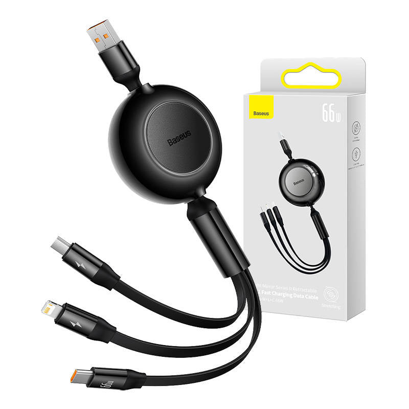 Baseus Bright Mirror 3, USB 3-i-1-kabel til mikro USB / USB-C / Lightning 66W / 2A 1.1m (Sort)