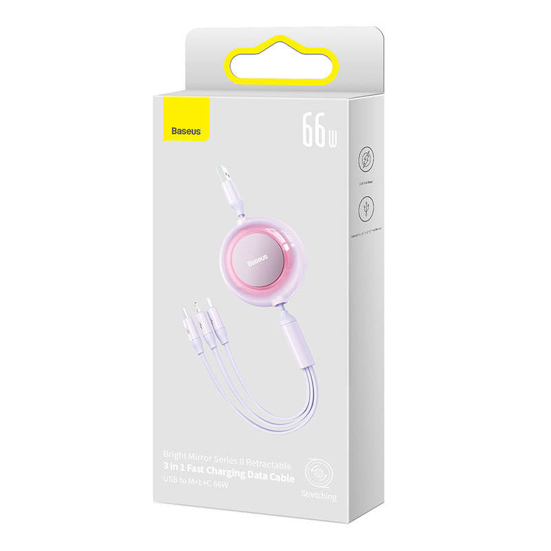 Baseus Bright Mirror 3, USB 3-i-1-kabel til mikro USB / USB-C / Lightning 66W / 2A 1.1m (purpur)