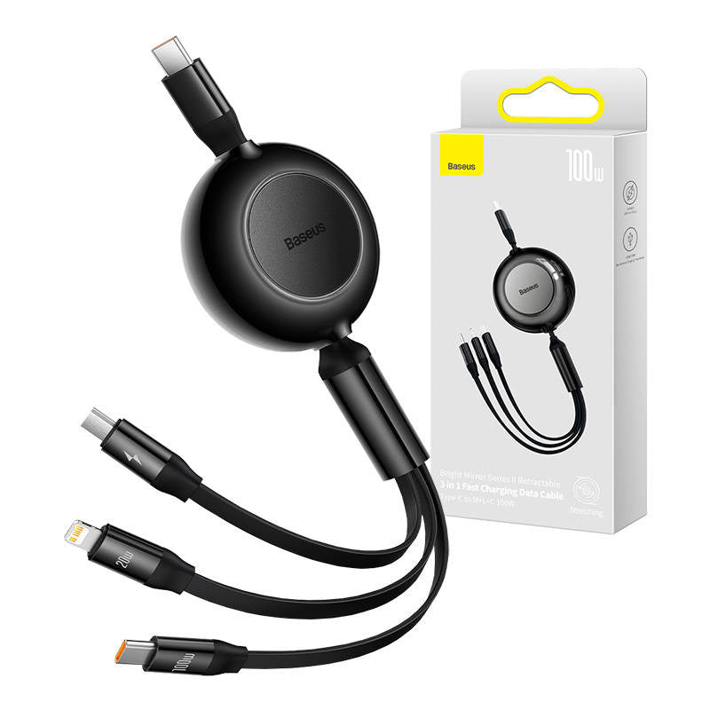 Baseus Bright Mirror 4, USB-C 3-i-1-kabel til mikro USB / USB-C / Lightning 100W / 3.5A 1.1m (Sort)