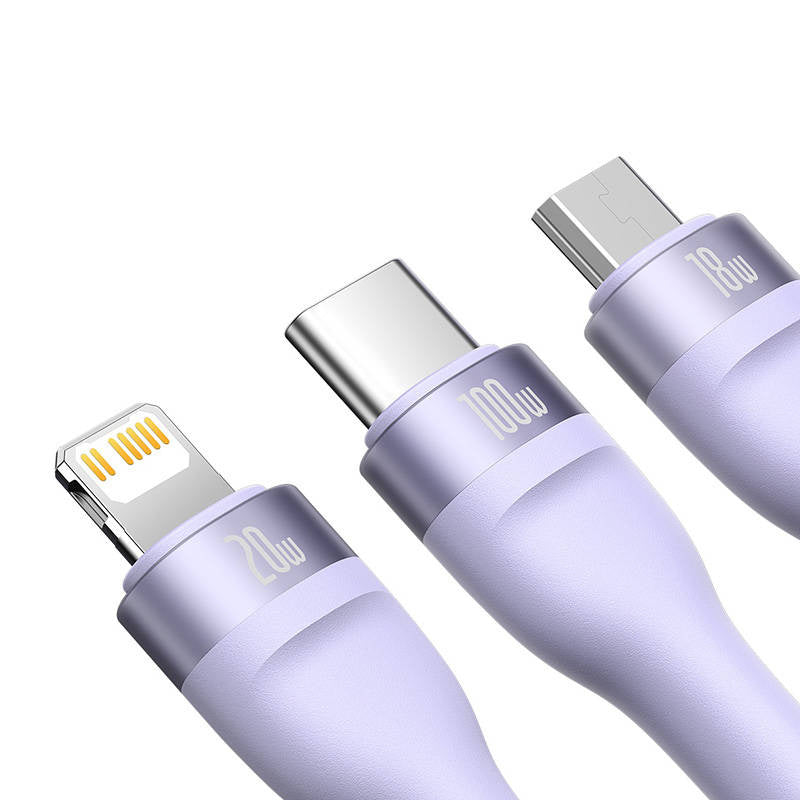 Kabel USB 3w1 Baseus Flash Series 2, USB-C + micro USB + Lightning, 100W, 1,5 m (fiolett)